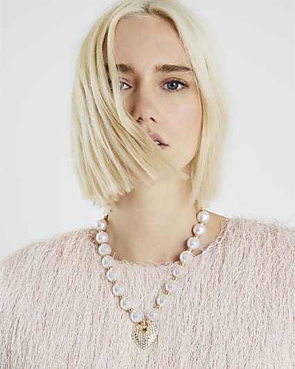 White Pearl Paved Heart Necklace