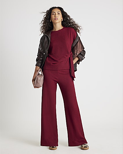 Red Textured Wide Leg Trousers