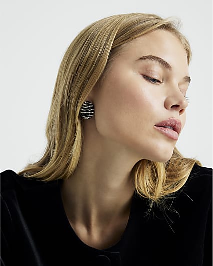 Black Oval Stripe Stud Earrings