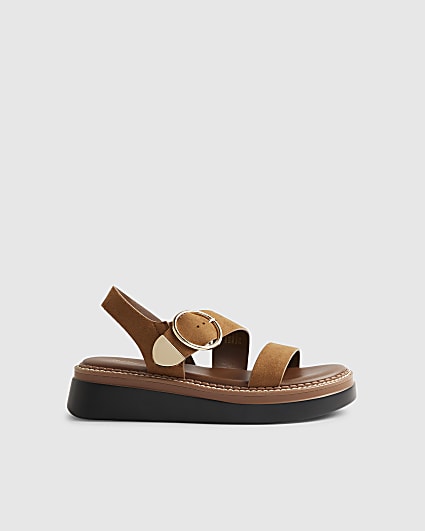 Brown Two Part Ring Buckle Flatform Sandals