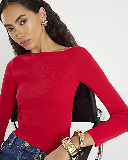 Red Long Sleeve Fitted Off Shoulder Top