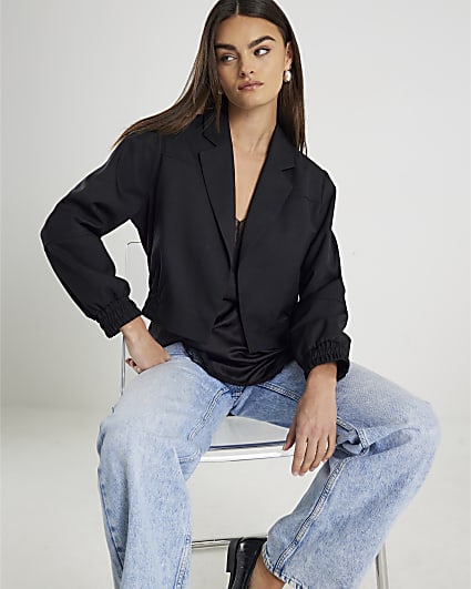 Black Long Sleeve Collared Bomber Jacket