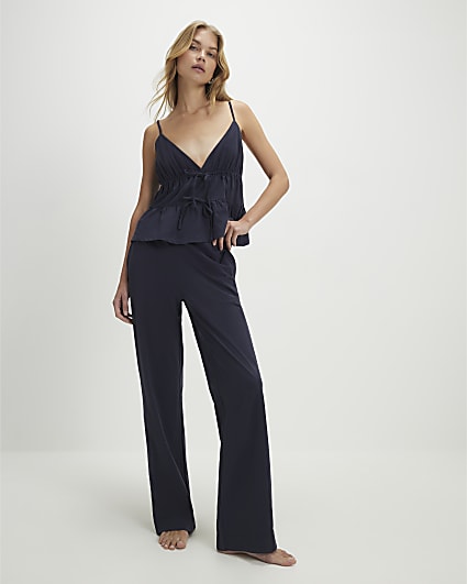 Navy Tie Front Cami Pyjama Set