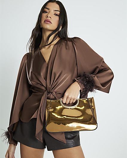 Bronze Metallic Metal Handle Clutch Bag