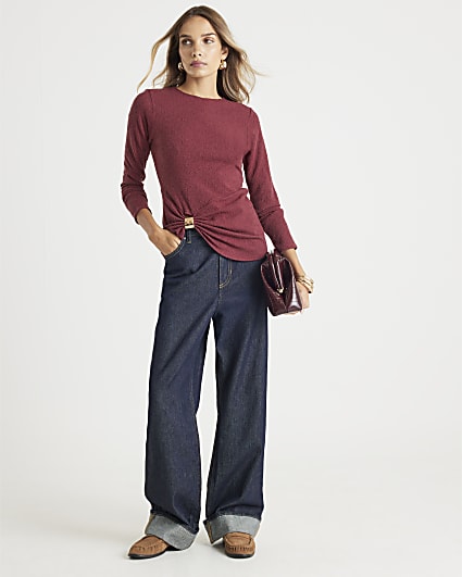 Red Long Sleeve Textured Gold Detail Top