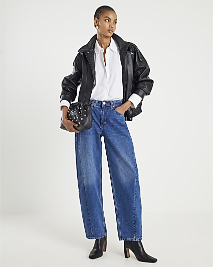 Blue Mid Rise Seamed Barrel Leg Jeans