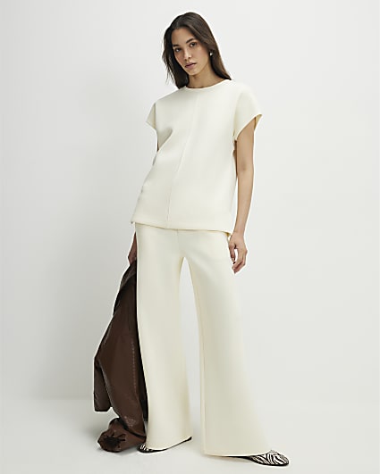 Cream Premium Twill Wide Leg Joggers