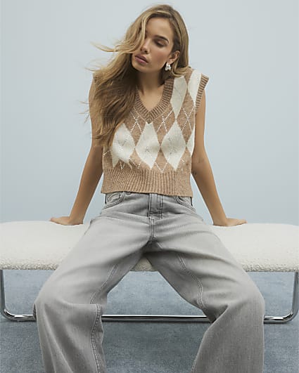 Brown Knitted Diamante Argyle Vest Top