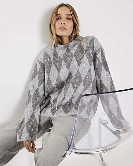 Grey Knitted Argyle Print Diamante Jumper