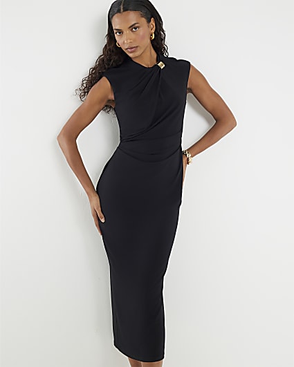 Black Sleeveless Gold Detail Ruched Dress