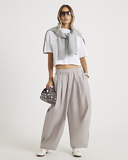Beige Poplin Barrel Leg Trousers