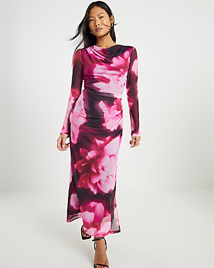 Petite Pink Floral Print Midi Dress