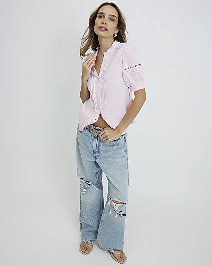 Pink Frill Collar Short Sleeve Blouse