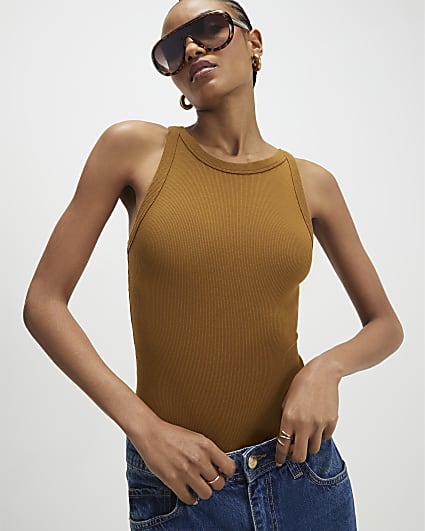 Brown Sleeveless Ribbed Tank Top