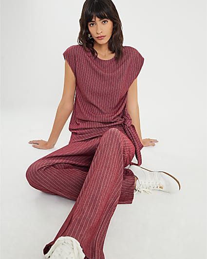 Red Pinstripe Drawstring Wide Leg Trousers