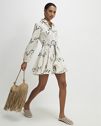 Cream Embroidered Mini Shirt Dress