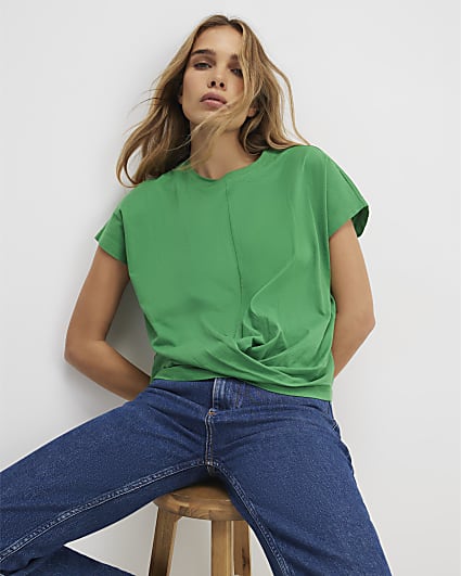 Green Short Sleeve Twist Front T-Shirt