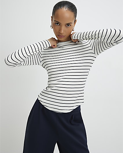 White Crew Neck Ribbed Stripe Top