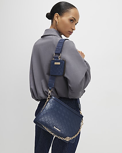 Navy Embossed Chain Front Cross Body Bag