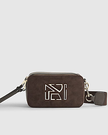 Brown Faux Suede Branded Cross Body Bag