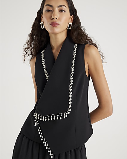 Black Sleeveless Pearl Trim Waistcoat