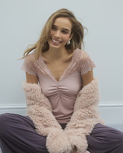 Pink Sleeveless Lace Trim Ruched Top