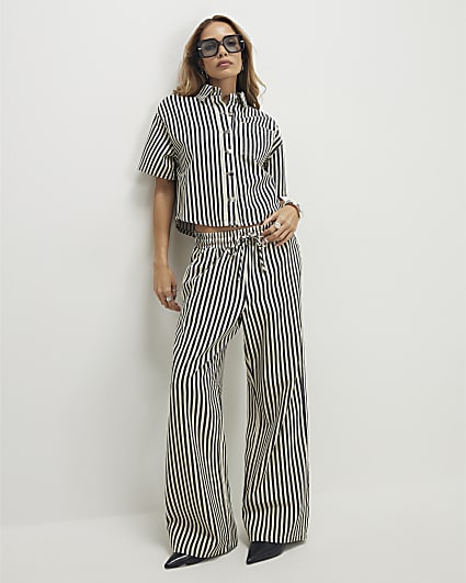 White Striped Drawstring Wide Leg Jeans