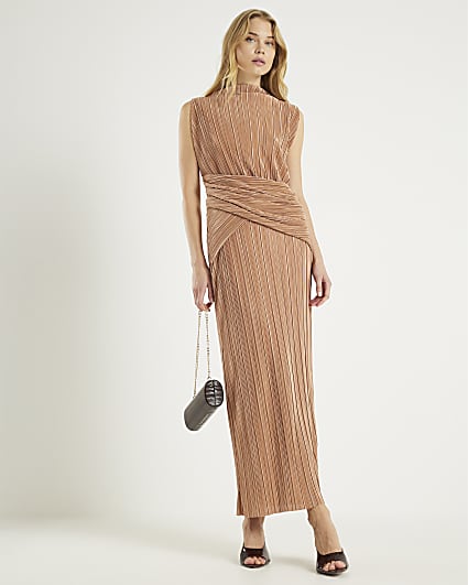 Beige Plisse Sleeveless Wrap Waist Midi Dress