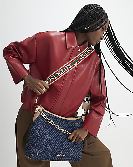 Blue Denim Monogram Print Chain Shoulder Bag