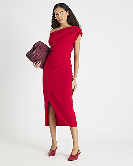 Red Asymmetric Drape Wrap Midi Dress