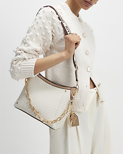 Beige Monogram Chain Front Crossbody Bag