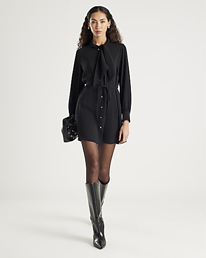 Black Pussybow Mini Shirt Dress