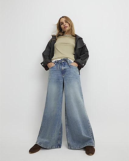 Blue Drawstring Wide Leg Jeans