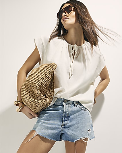 White Linen Blend Tie Neck Top