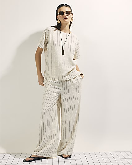 Cream Striped Linen Blend T-Shirt