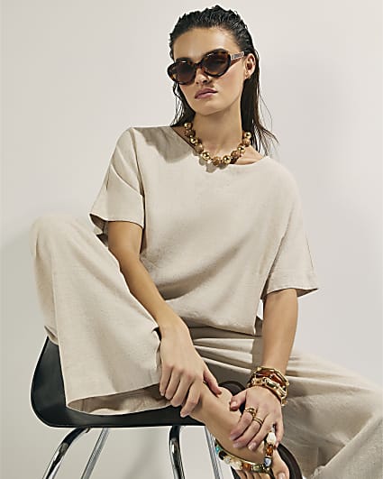 Beige Linen Blend Short Sleeve T-Shirt