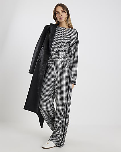 Black Dogtooth Print Pull On Trousers