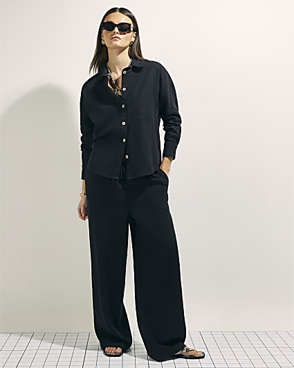 Black Linen Blend Wide Leg Trousers