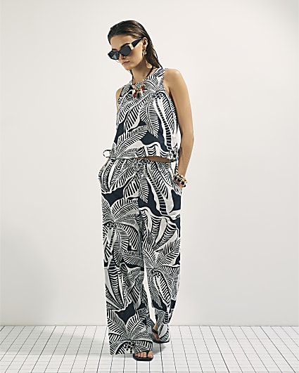 Black Linen Blend Palm Print Beach Trousers