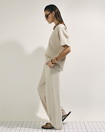 Beige Linen Blend Wide Leg Trousers