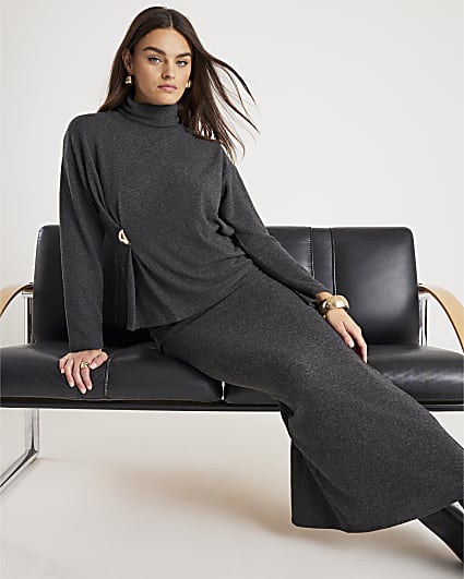 Grey Long Sleeve Cosy Gold Detail Top