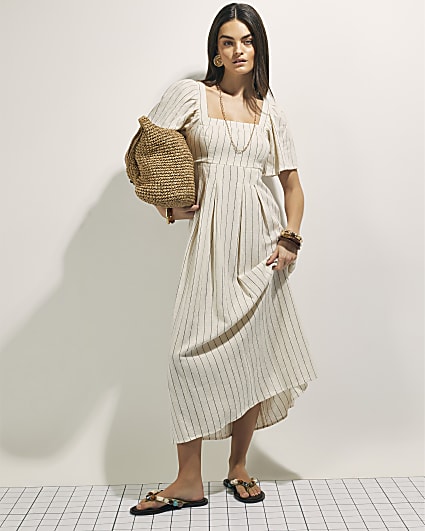 Beige Stripe Linen Blend Shirred Midi Dress