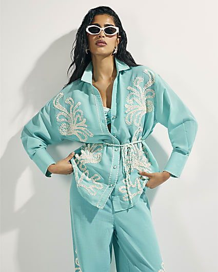 Green Embroidered Long Sleeve Beach Shirt