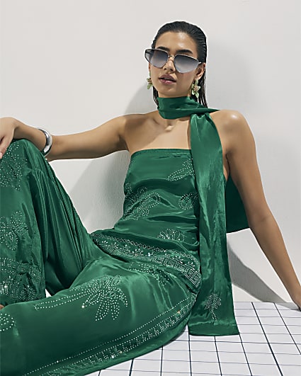 Green Embellished Scarf Bandeau Top