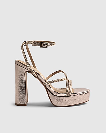 Rose Gold Diamante Platform Heeled Sandals