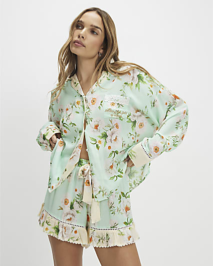 Green Floral Shirt and Shorts Pyjama Set
