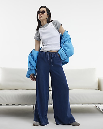 Blue High Waisted Drawstring Wide Leg Jeans