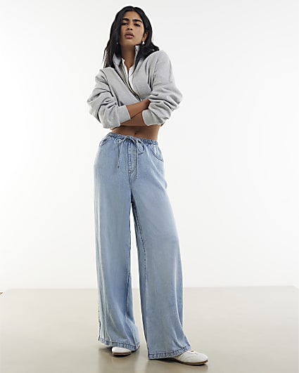 Blue Denim Tie Waist Wide Leg Jeans