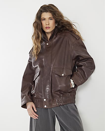 Brown Distressed Leather Bomber Jacket
