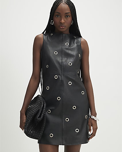 Black Eyelet Stud Leather Dress